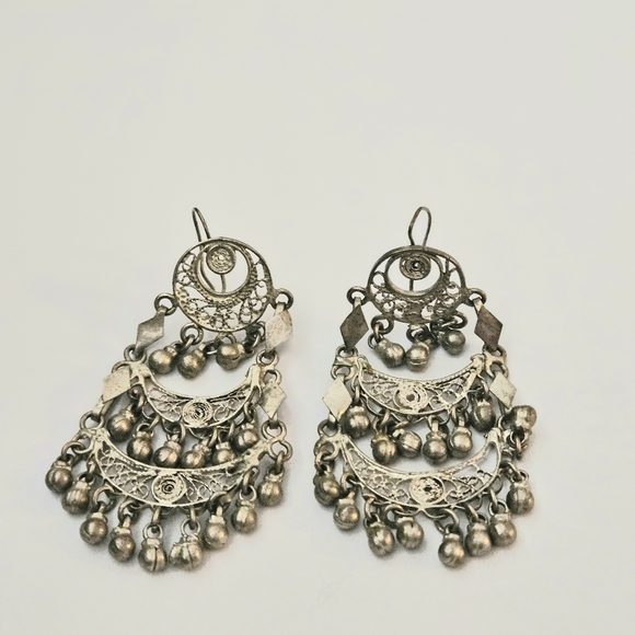 Vintage Handcrafted Intricate Ethnic Design Elegant Silver Chandelier Earrings - Picture 11 of 11